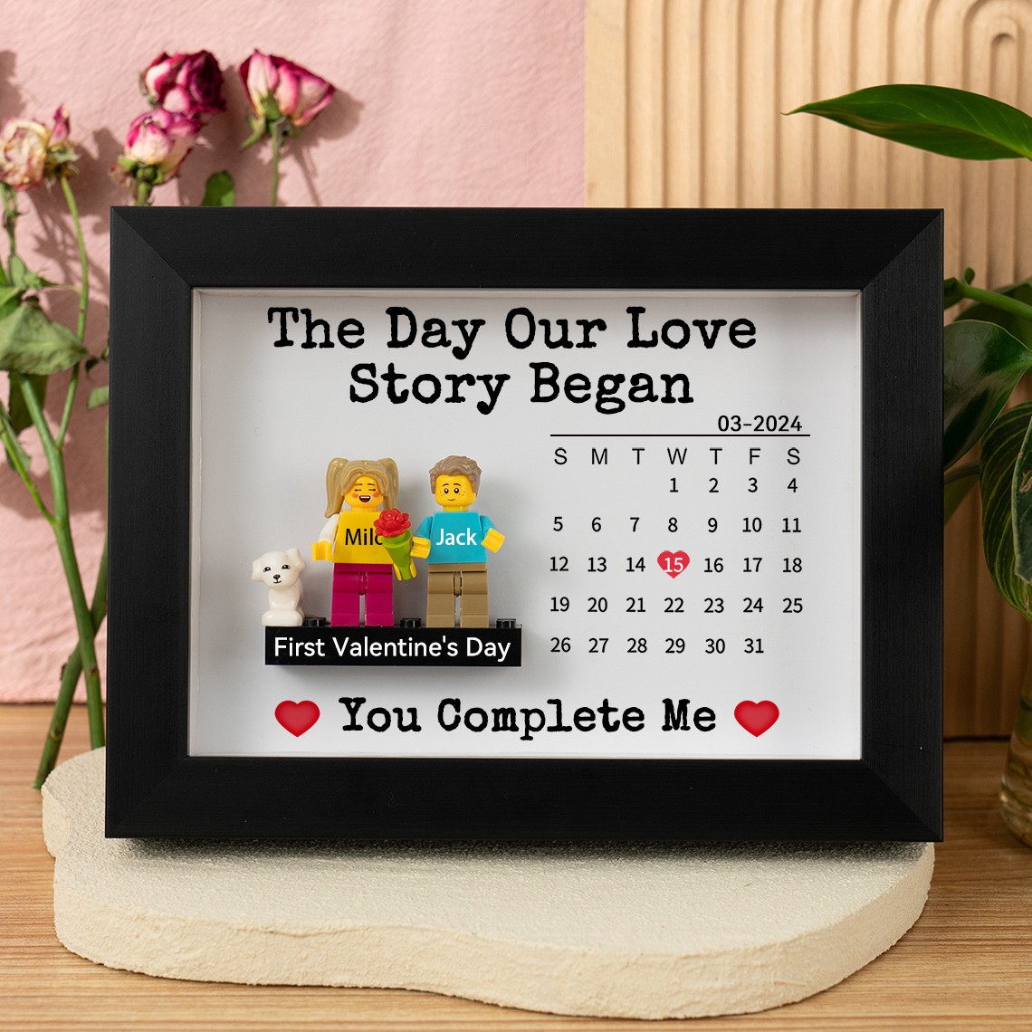 The Day Our Love Story Began Custom Couple Figures Calendar Frame For Valentine's Day Gift